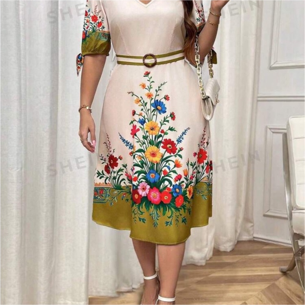 SHEIN Floral Print Dress with Belt